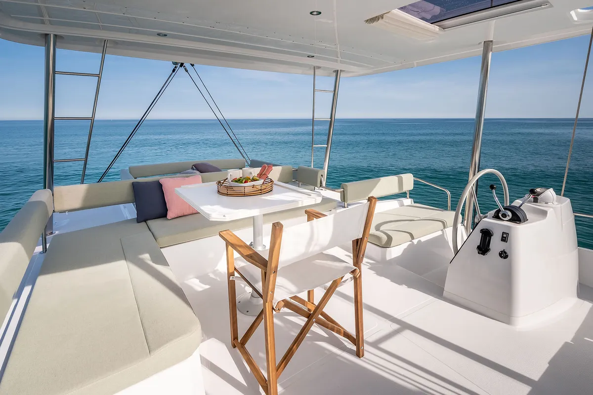 Cockpit of Noni, a Bali 4.6 catamaran at Lavrion, Greece