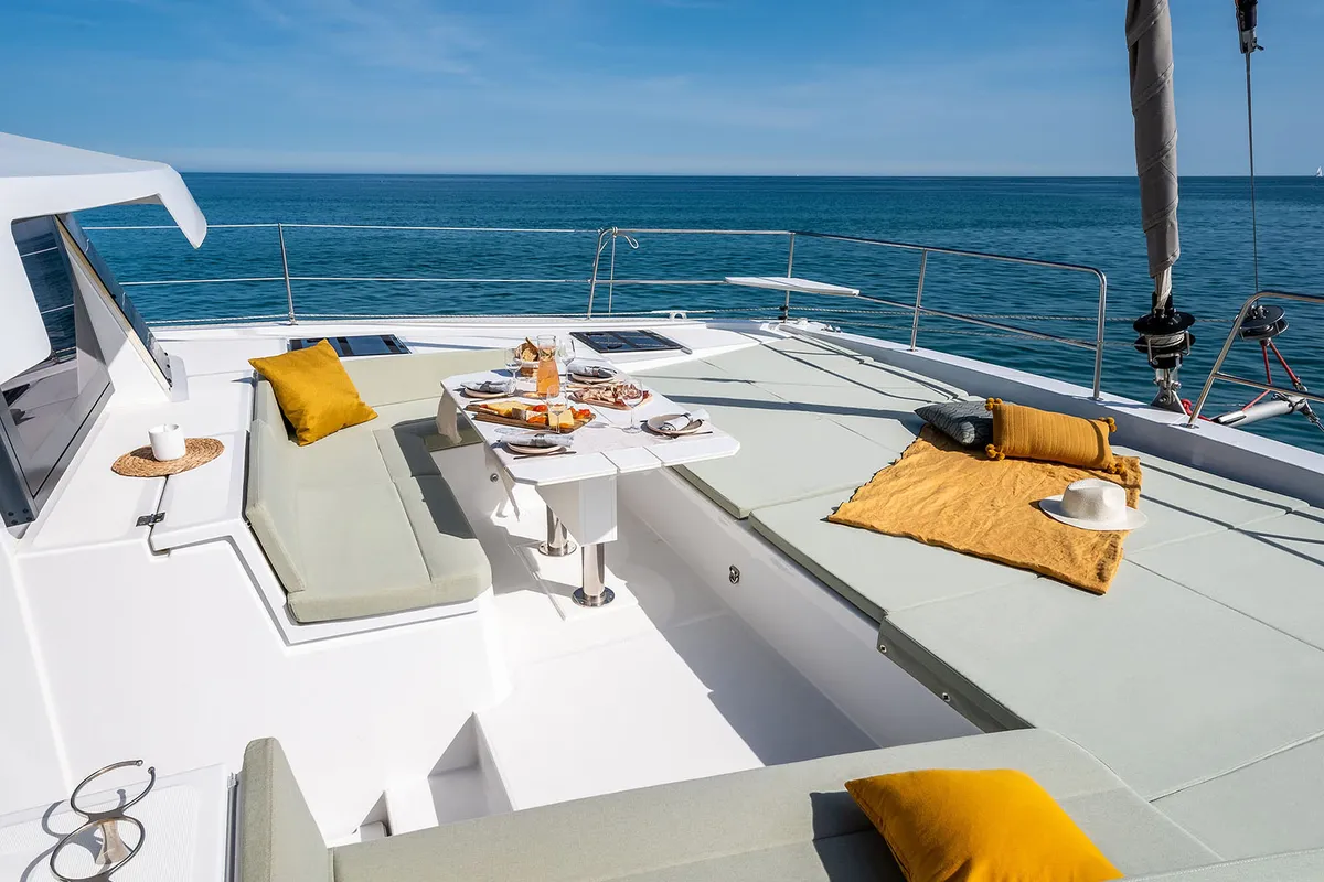 Deck of Noni, a Bali 4.6 catamaran at Lavrion, Greece