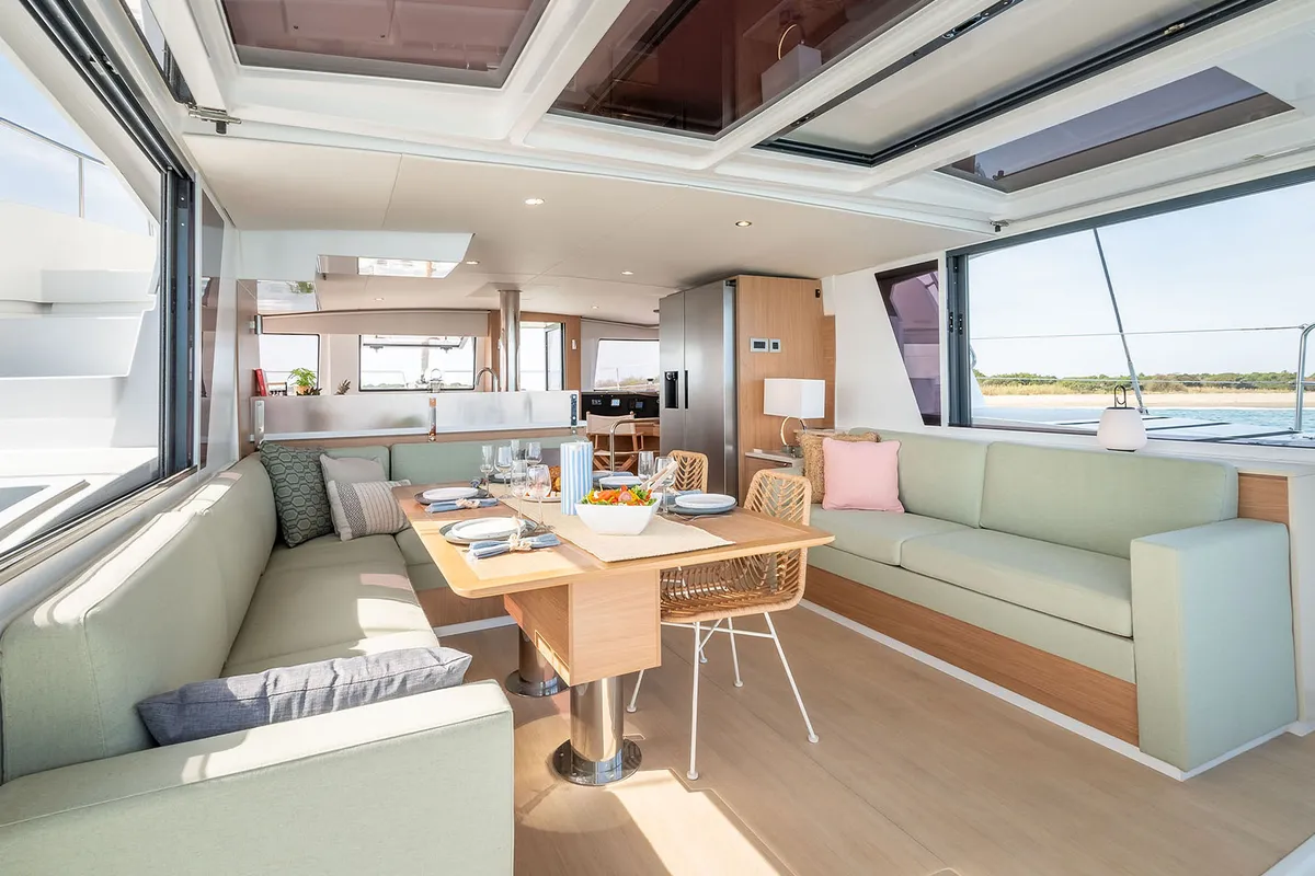 Salon of Noni, a Bali 4.6 catamaran at Lavrion, Greece