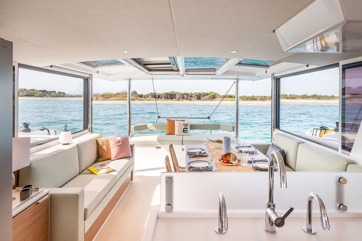 Galley of Noni, a Bali 4.6 catamaran at Lavrion, Greece