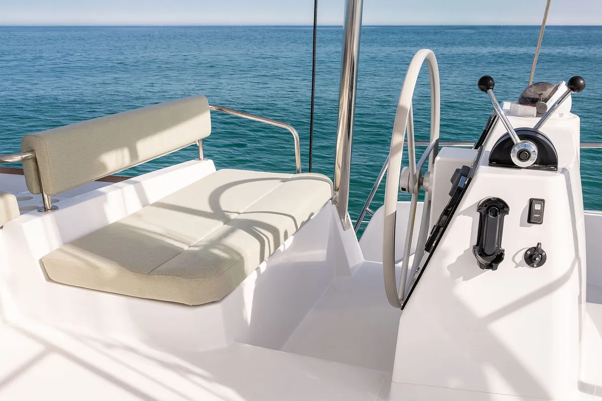Cockpit of Noni, a Bali 4.6 catamaran at Lavrion, Greece
