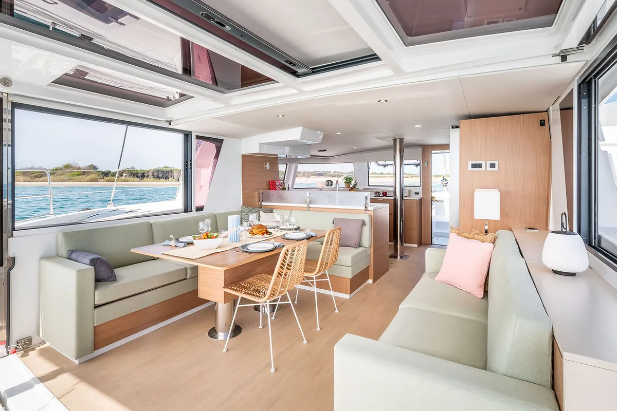 Salon of Noni, a Bali 4.6 catamaran at Lavrion, Greece