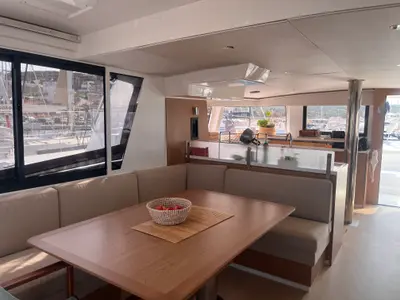 Salon of Noni, a Bali 4.6 catamaran at Lavrion, Greece