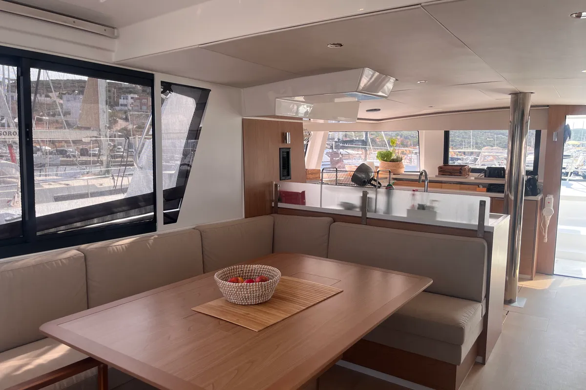 Salon of Noni, a Bali 4.6 catamaran at Lavrion, Greece