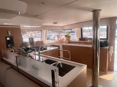 Galley of Noni, a Bali 4.6 catamaran at Lavrion, Greece