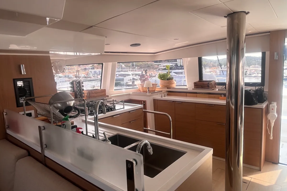 Galley of Noni, a Bali 4.6 catamaran at Lavrion, Greece