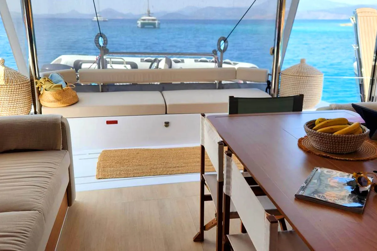 Salon of Noni, a Bali 4.6 catamaran at Lavrion, Greece