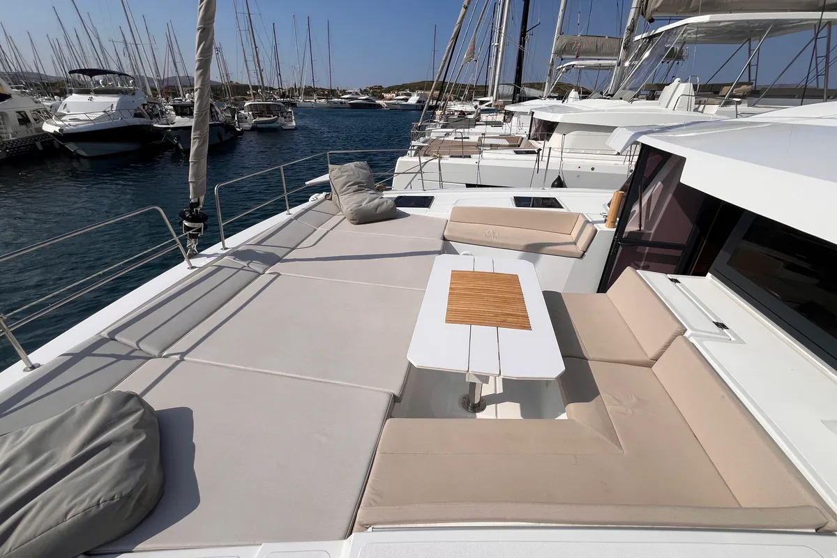 Deck of Noni, a Bali 4.6 catamaran at Lavrion, Greece