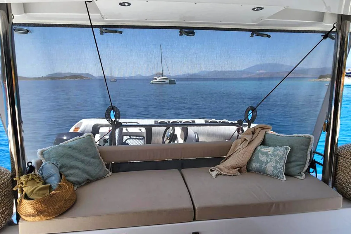 Deck of Noni, a Bali 4.6 catamaran at Lavrion, Greece