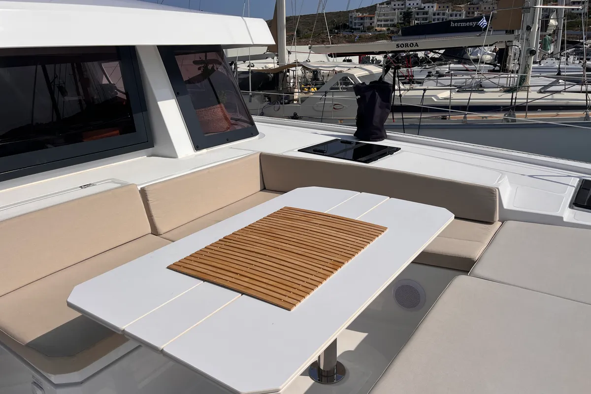 Deck of Noni, a Bali 4.6 catamaran at Lavrion, Greece