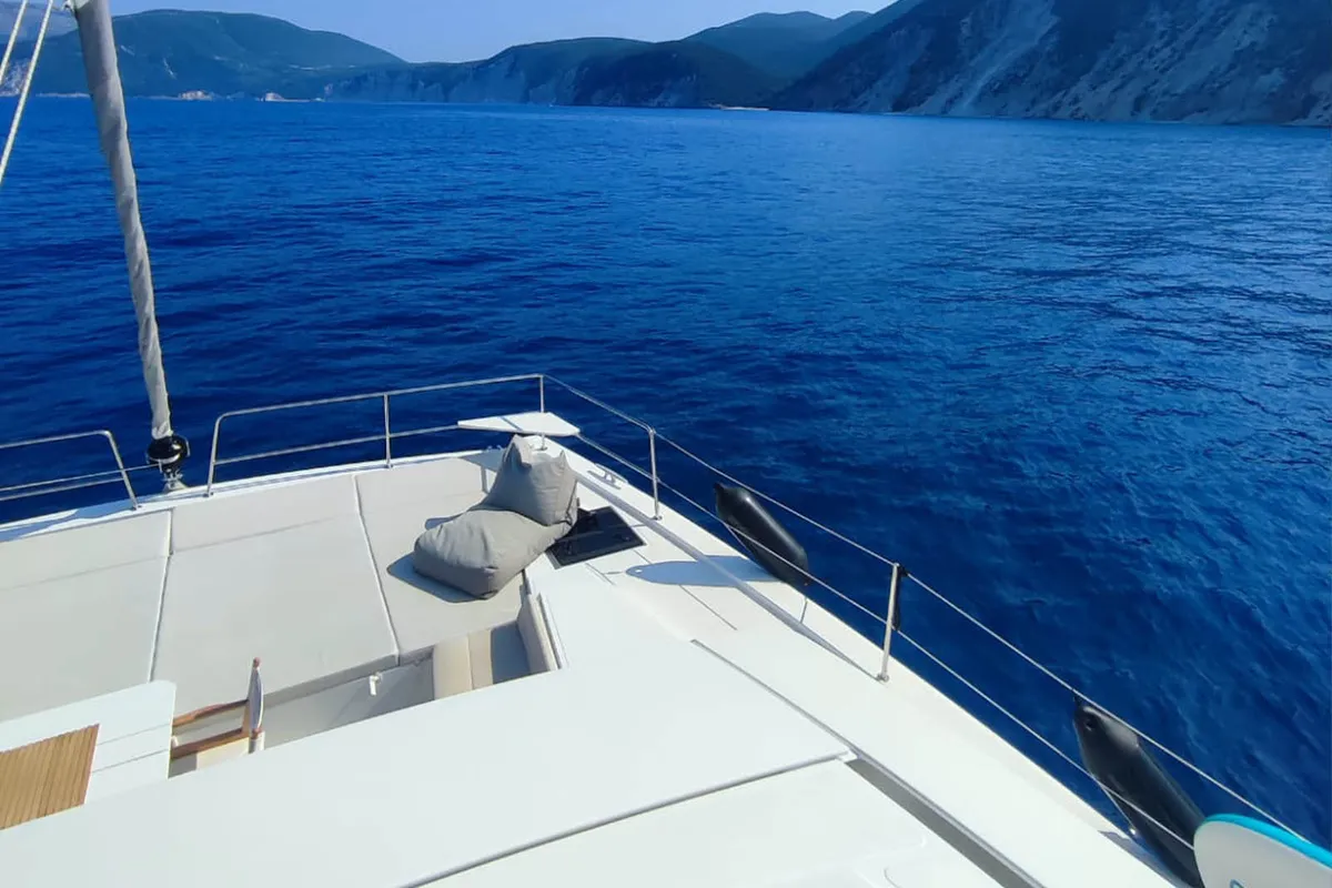 Deck of Noni, a Bali 4.6 catamaran at Lavrion, Greece