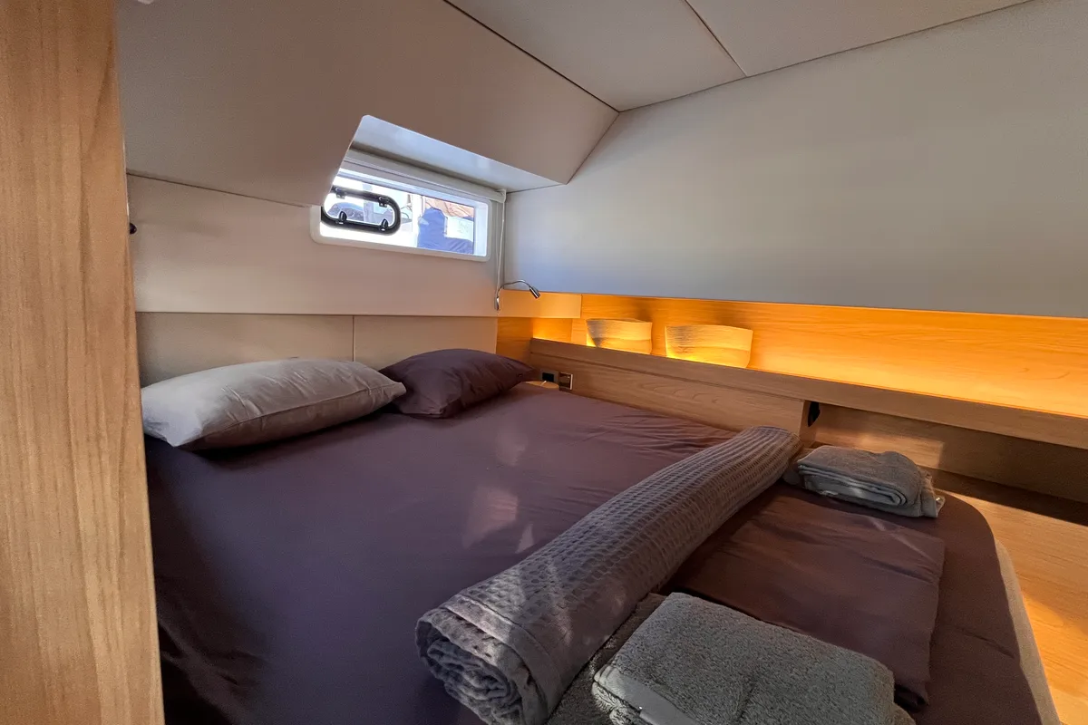 Cabin on Noni, a Bali 4.6 catamaran at Lavrion, Greece
