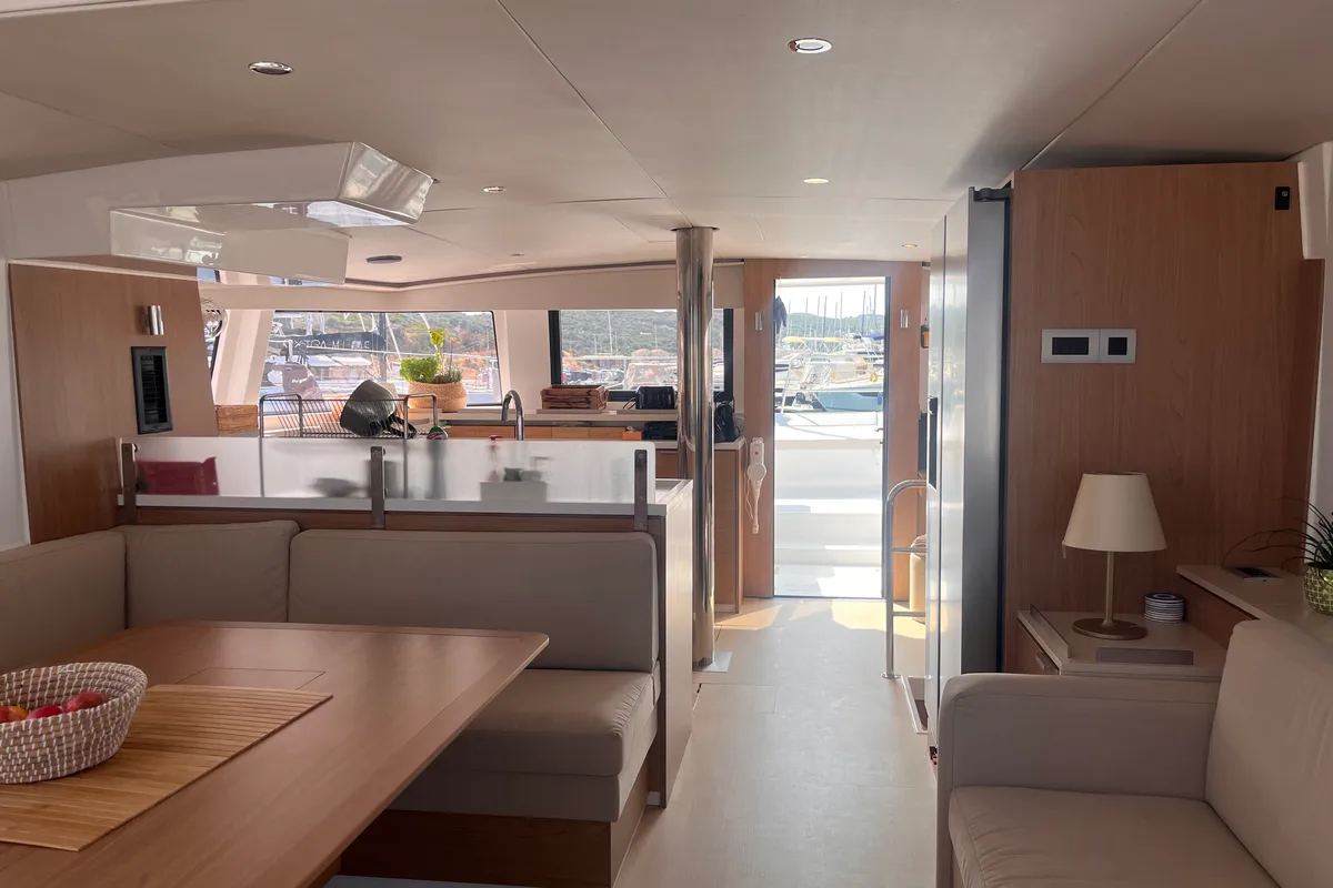 Salon of Noni, a Bali 4.6 catamaran at Lavrion, Greece