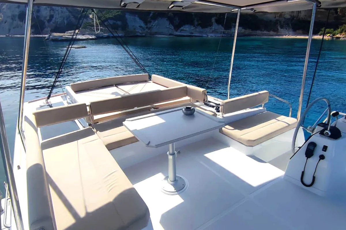 Cockpit of Noni, a Bali 4.6 catamaran at Lavrion, Greece