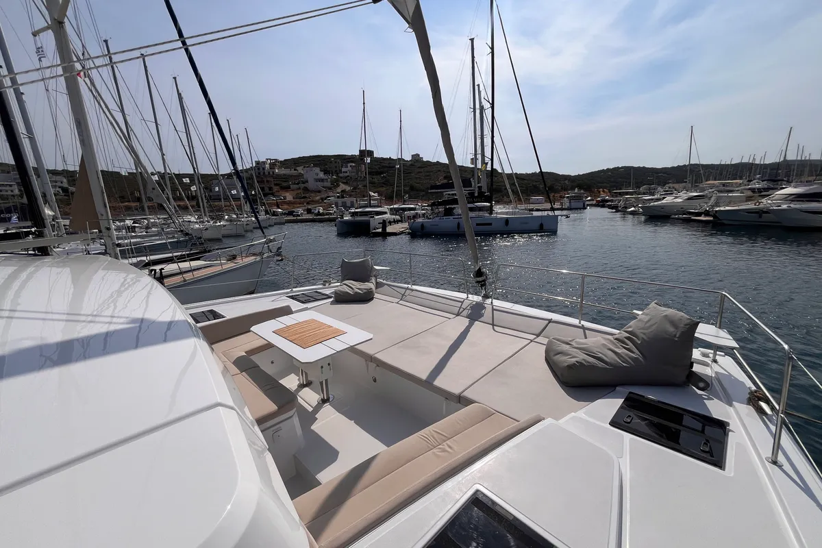 Deck of Noni, a Bali 4.6 catamaran at Lavrion, Greece