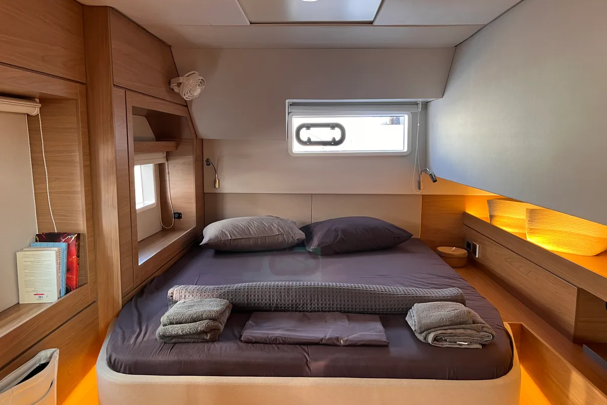 Cabin on Noni, a Bali 4.6 catamaran at Lavrion, Greece
