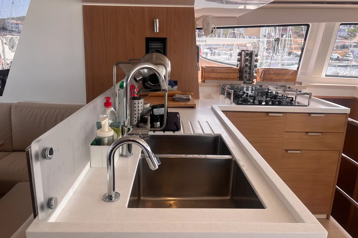 Galley of Noni, a Bali 4.6 catamaran at Lavrion, Greece