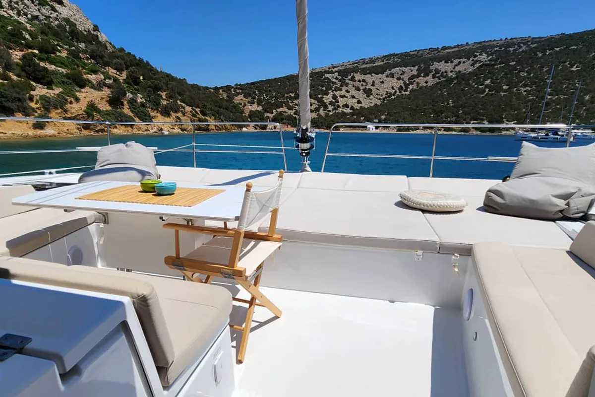 Deck of Noni, a Bali 4.6 catamaran at Lavrion, Greece