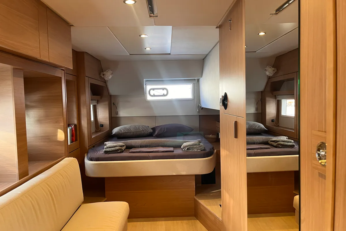 Cabin on Noni, a Bali 4.6 catamaran at Lavrion, Greece
