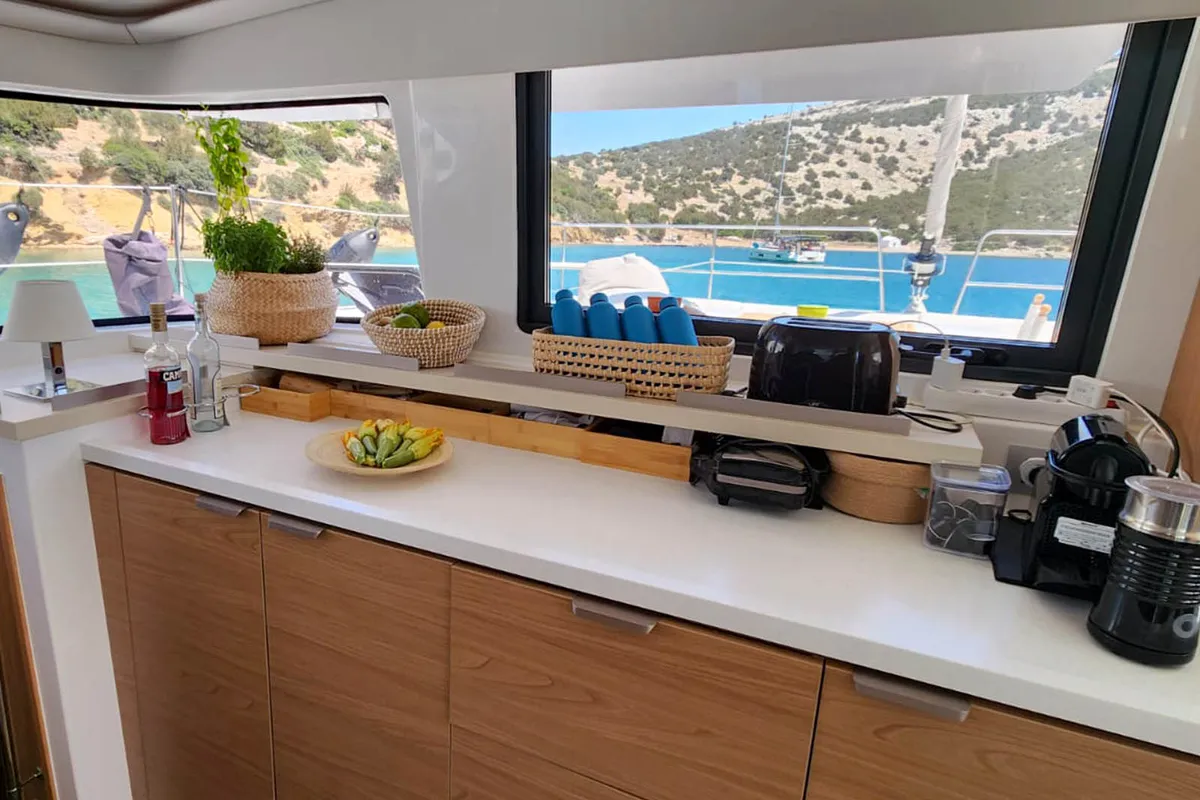 Galley of Noni, a Bali 4.6 catamaran at Lavrion, Greece