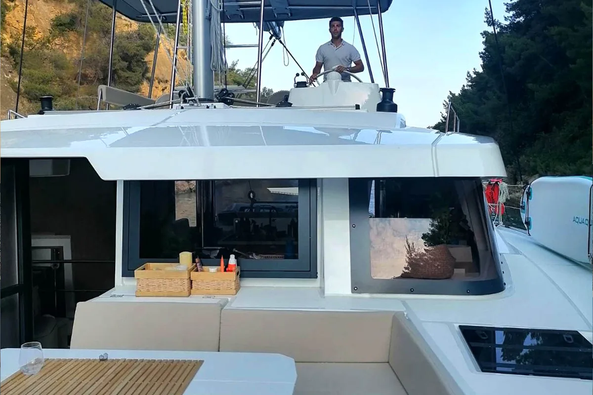 Cockpit of Noni, a Bali 4.6 catamaran at Lavrion, Greece