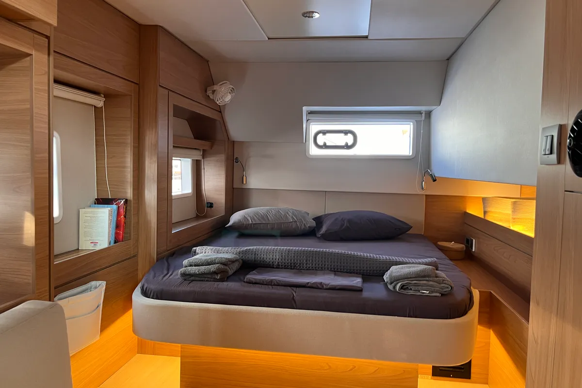 Cabin on Noni, a Bali 4.6 catamaran at Lavrion, Greece