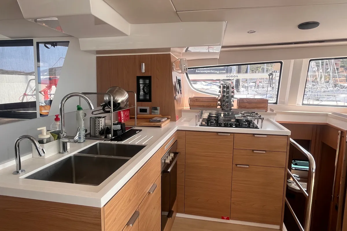 Galley of Noni, a Bali 4.6 catamaran at Lavrion, Greece