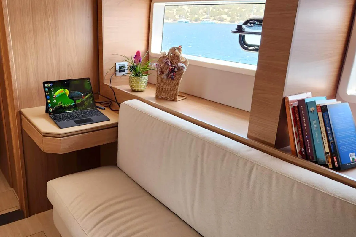 Salon of Noni, a Bali 4.6 catamaran at Lavrion, Greece