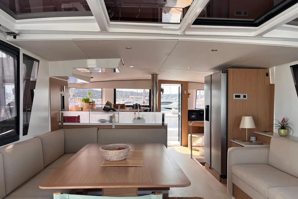 Salon of Noni, a Bali 4.6 catamaran at Lavrion, Greece