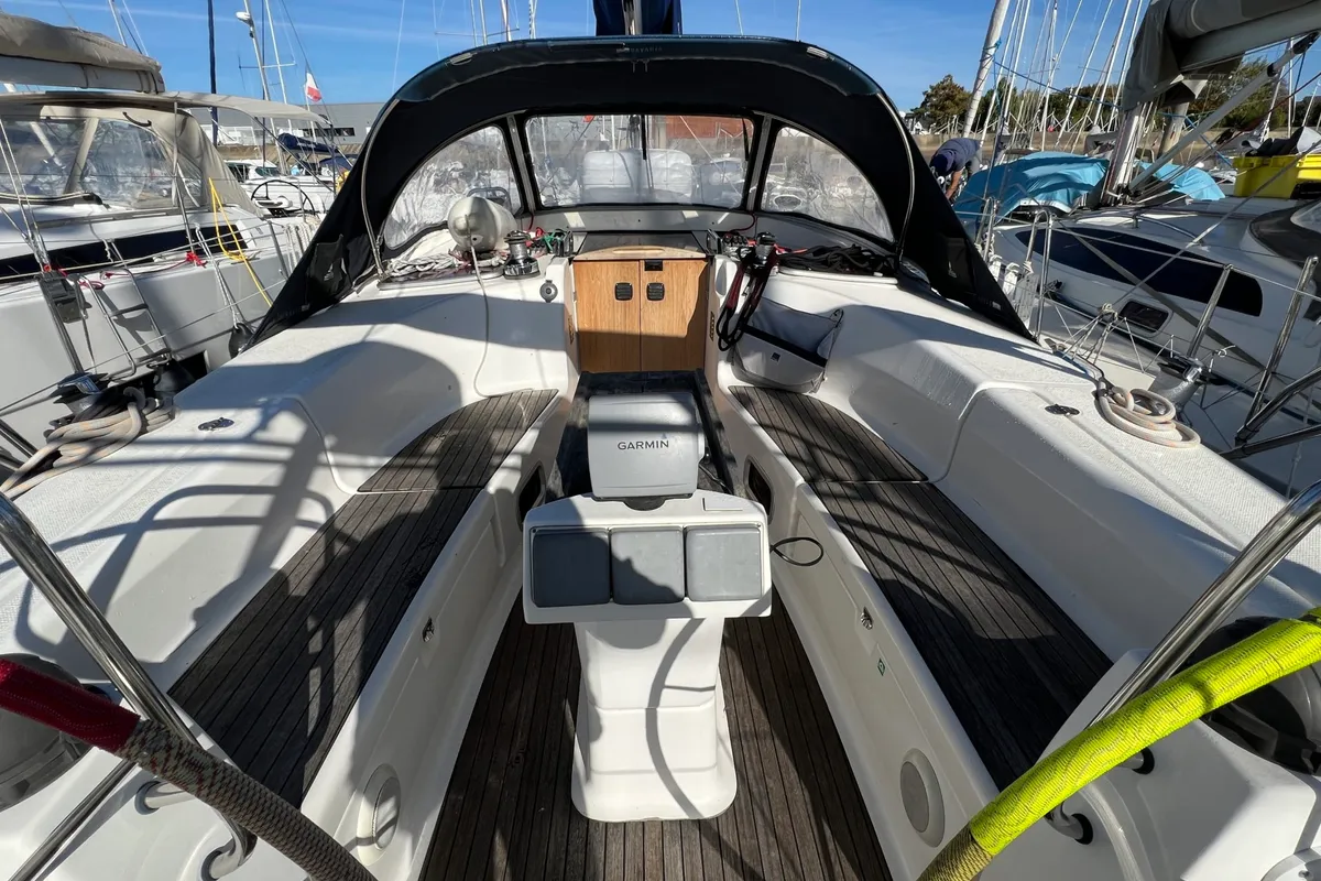 Cockpit of Arloup, a Bavaria Cruiser 40 sailboat at Kerners, France