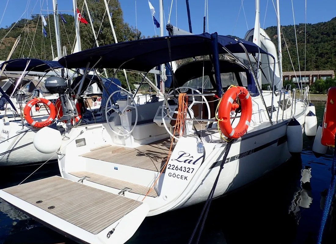 Exterior view of Lal, a Bavaria Cruiser 41 sailboat at Fethiye, Turkey