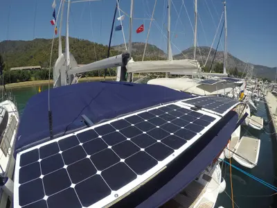 Deck of Lal, a Bavaria Cruiser 41 sailboat at Fethiye, Turkey