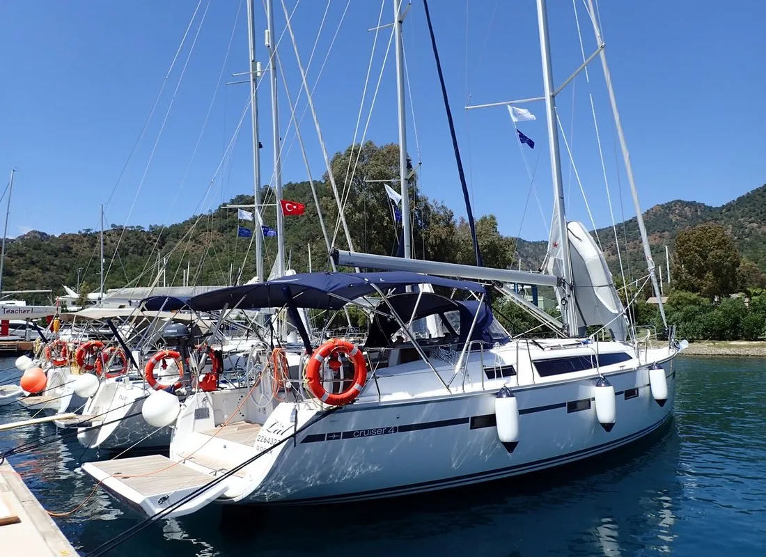 Exterior view of Lal, a Bavaria Cruiser 41 sailboat at Fethiye, Turkey