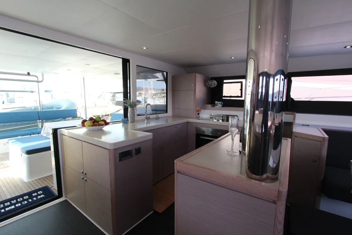 Galley of Lublu, a Dufour 48 Catamaran catamaran at Olbia, Italy
