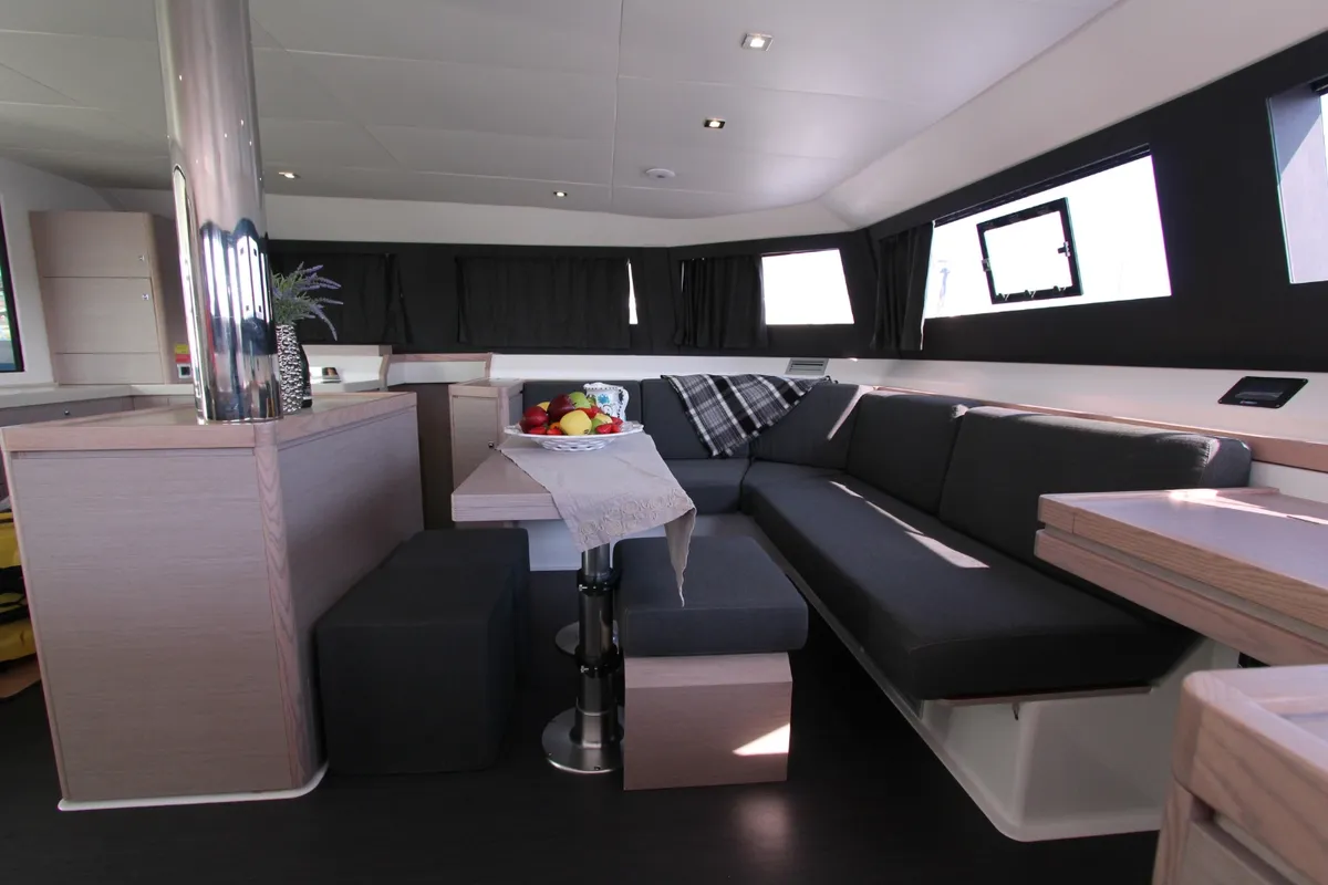 Salon of Lublu, a Dufour 48 Catamaran catamaran at Olbia, Italy
