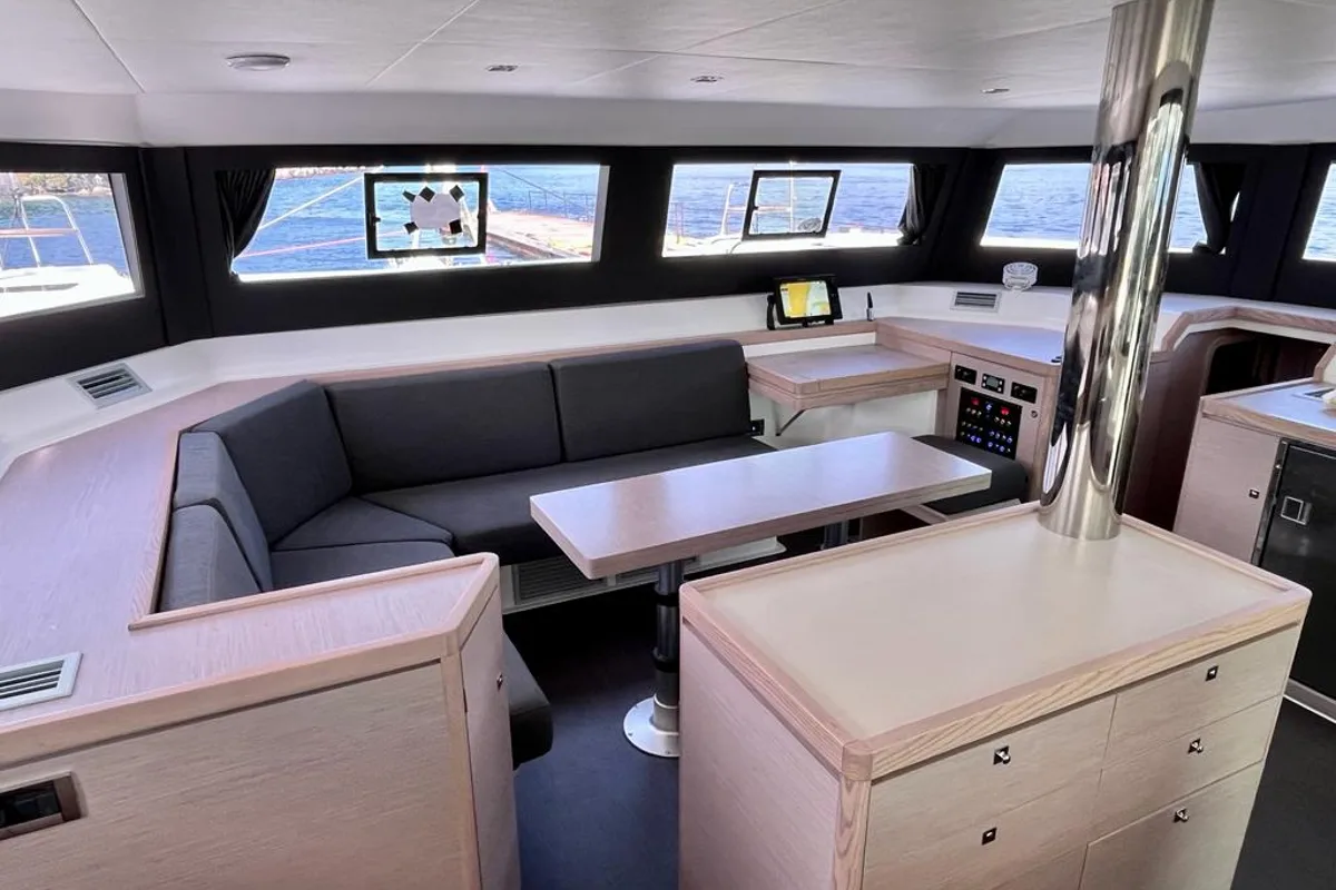 Salon of Lublu, a Dufour 48 Catamaran catamaran at Olbia, Italy