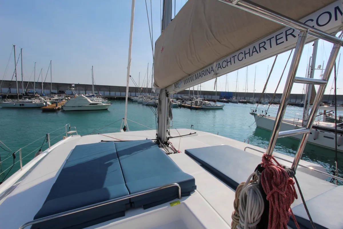 Deck of Lublu, a Dufour 48 Catamaran catamaran at Olbia, Italy