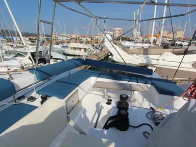 Cockpit of Lublu, a Dufour 48 Catamaran catamaran at Olbia, Italy