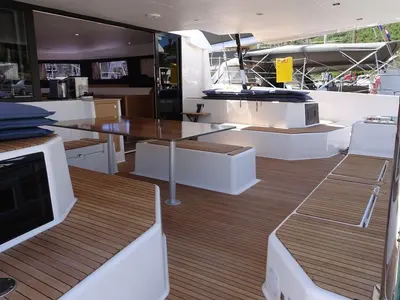 Deck of Lublu, a Dufour 48 Catamaran catamaran at Olbia, Italy