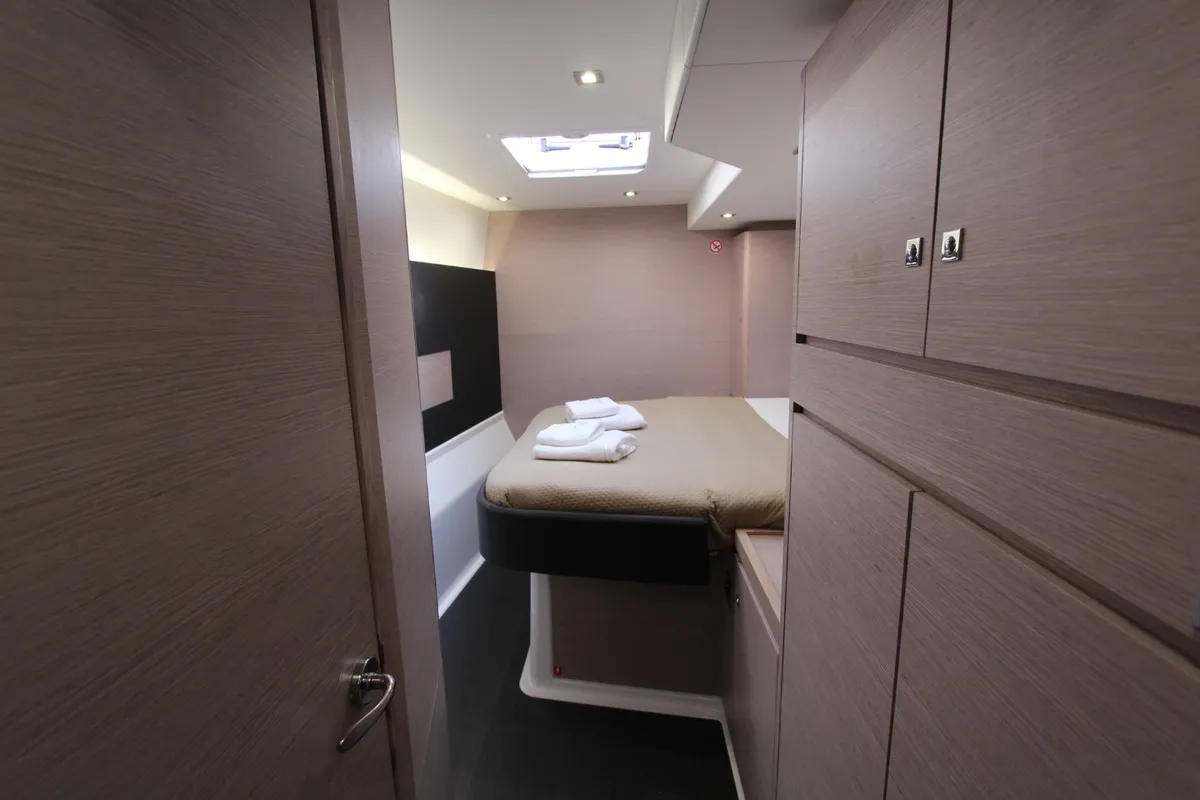 Cabin on Lublu, a Dufour 48 Catamaran catamaran at Olbia, Italy