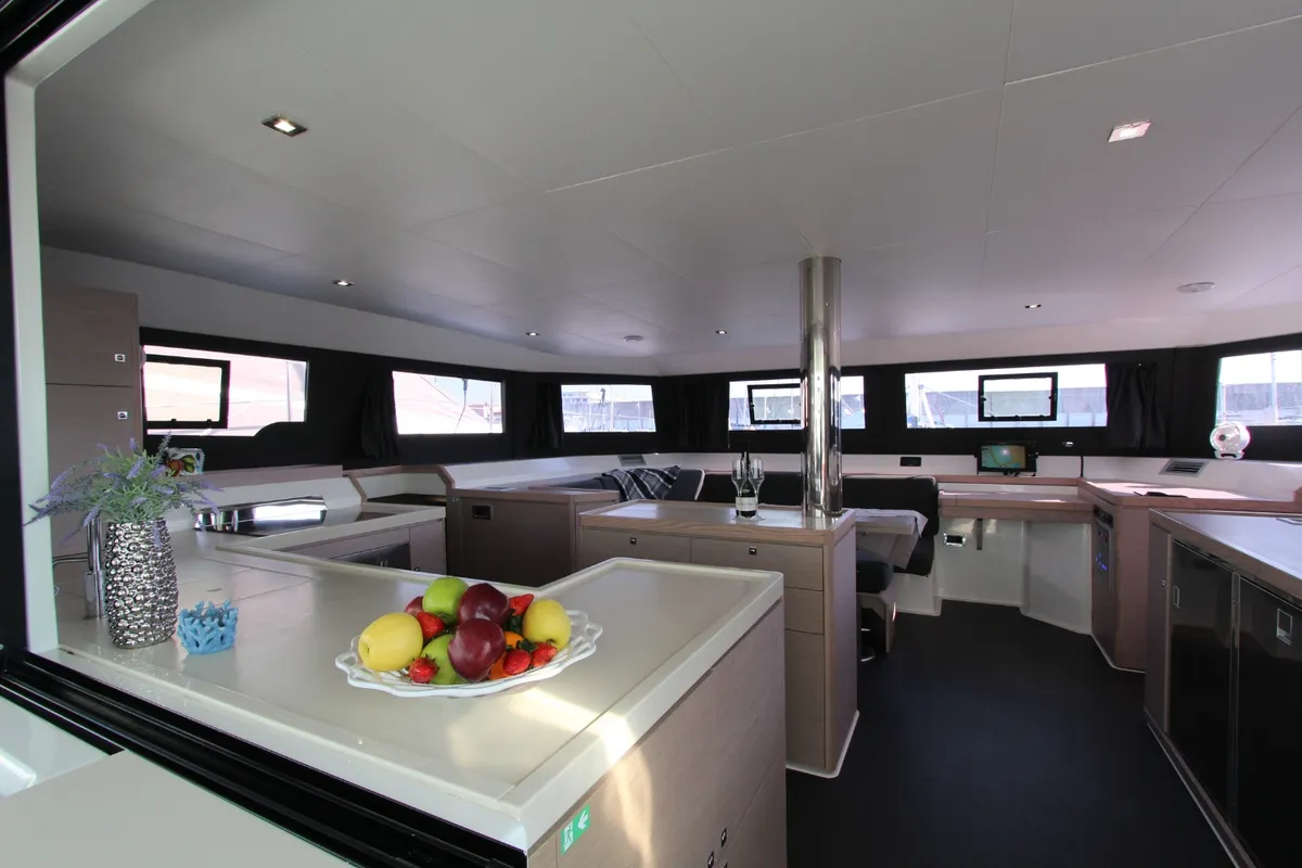Salon of Lublu, a Dufour 48 Catamaran catamaran at Olbia, Italy