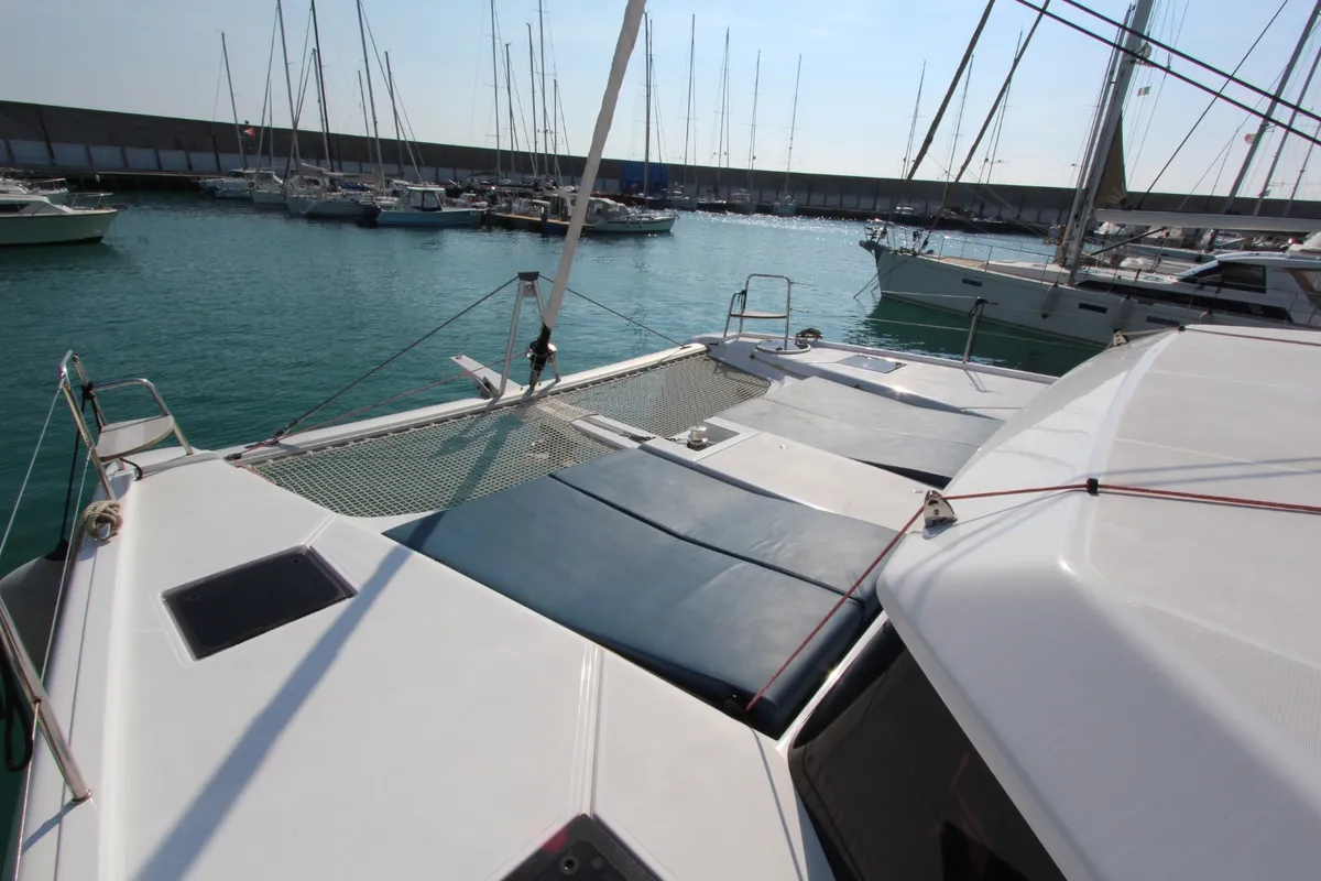 Deck of Lublu, a Dufour 48 Catamaran catamaran at Olbia, Italy