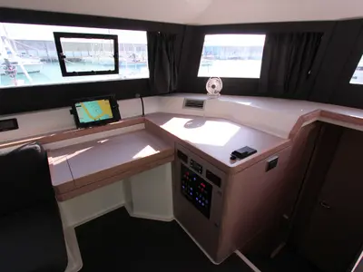 Salon of Lublu, a Dufour 48 Catamaran catamaran at Olbia, Italy
