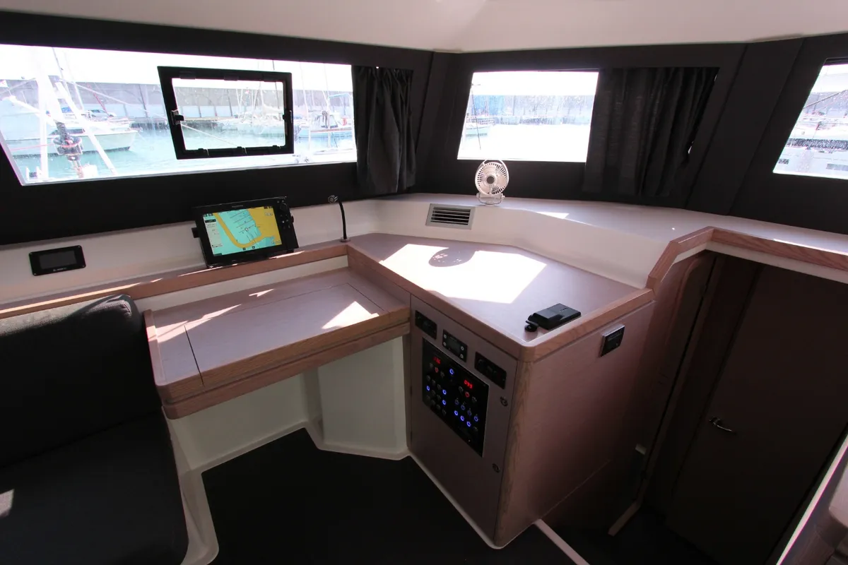 Salon of Lublu, a Dufour 48 Catamaran catamaran at Olbia, Italy