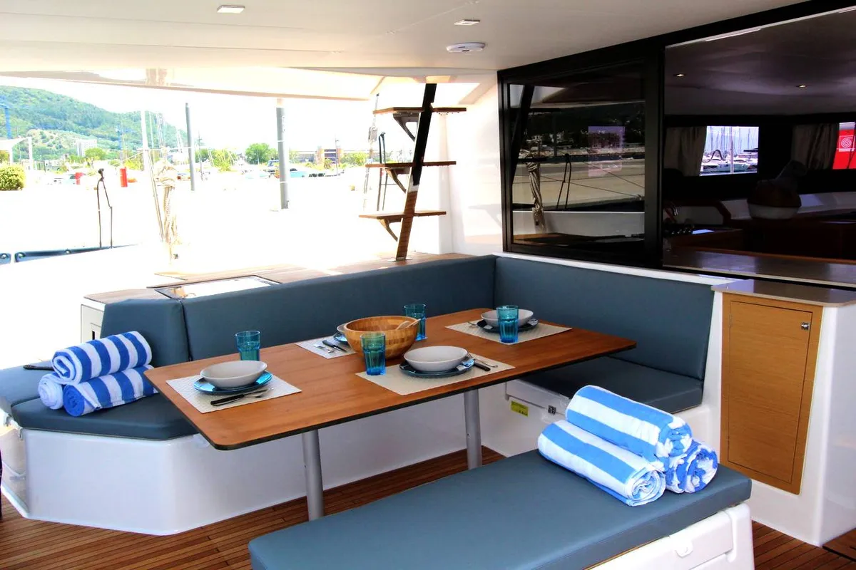 Deck of Lublu, a Dufour 48 Catamaran catamaran at Olbia, Italy