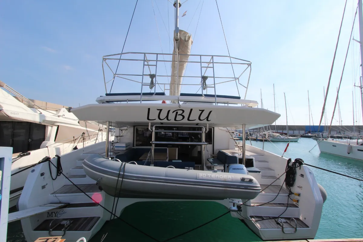 Exterior view of Lublu, a Dufour 48 Catamaran catamaran at Olbia, Italy