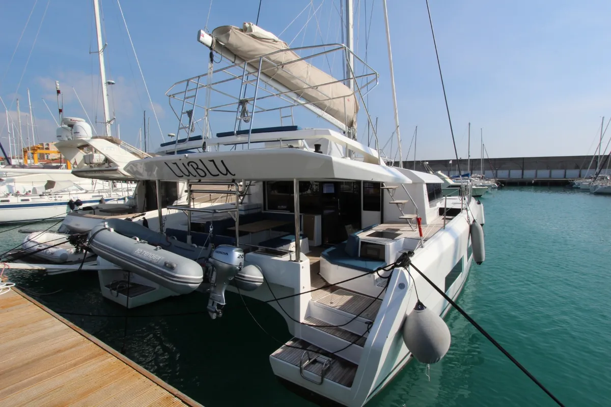 Exterior view of Lublu, a Dufour 48 Catamaran catamaran at Olbia, Italy