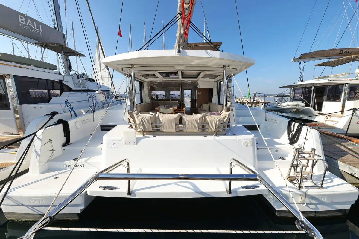 Deck of Azul, a Bali 4.2 catamaran at Figari/Golfo Aranci, Italy