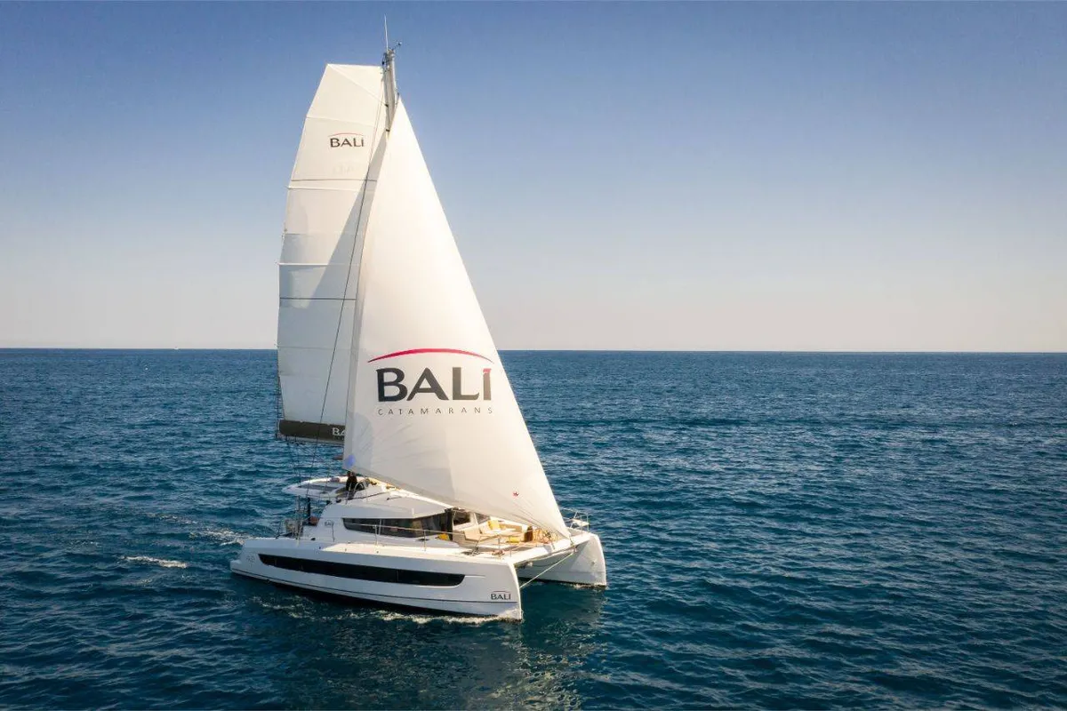 Exterior view of Azul, a Bali 4.2 catamaran at Figari/Golfo Aranci, Italy