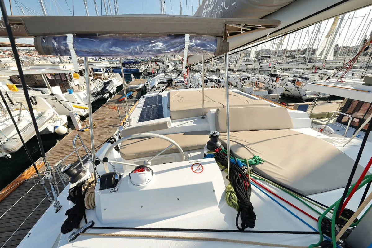 Cockpit of Azul, a Bali 4.2 catamaran at Figari/Golfo Aranci, Italy